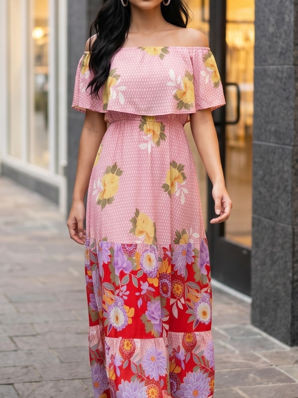 Aakaa Pink Off-Shoulder Floral Maxi Dress with Red Floral Border